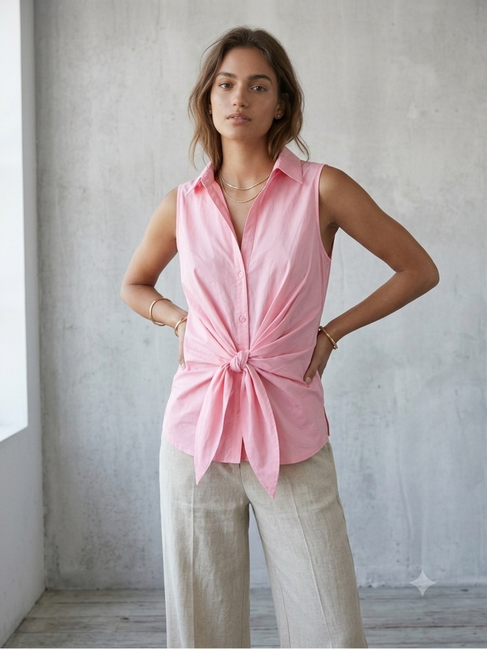 Nine West Sleeveless Pink Tie-Front Button Down Shirt